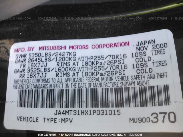 JA4MT31HX1P031015 - 2001 MITSUBISHI MONTERO SPORT XLS BLACK photo 9