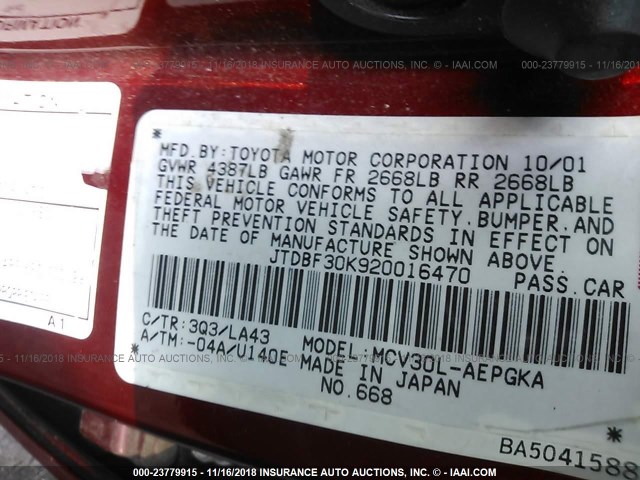 JTDBF30K920016470 - 2002 TOYOTA CAMRY LE/XLE/SE RED photo 9