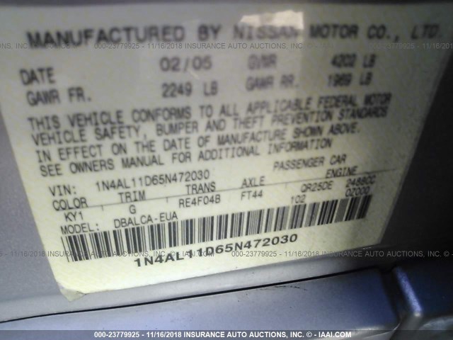 1N4AL11D65N472030 - 2005 NISSAN ALTIMA S/SL SILVER photo 9