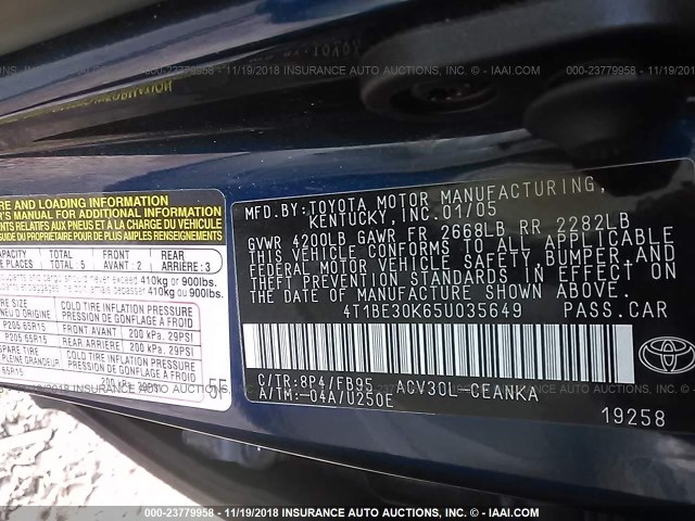 4T1BE30K65U035649 - 2005 TOYOTA CAMRY LE/XLE/SE BLUE photo 9