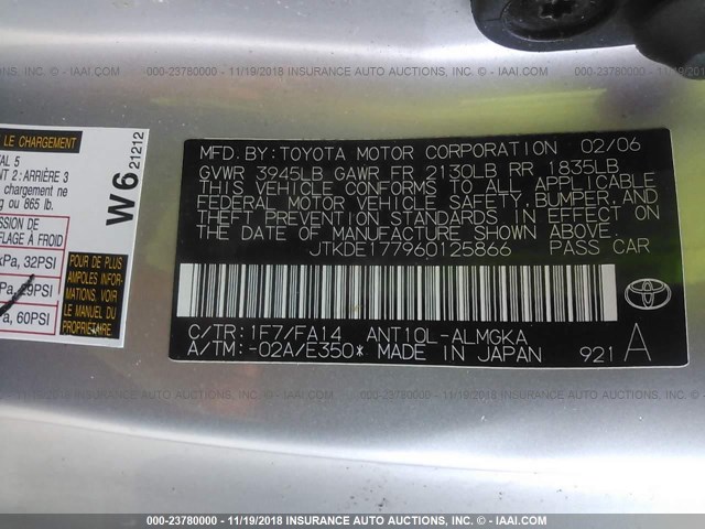 JTKDE177960125866 - 2006 TOYOTA SCION TC 银色 照片 9
