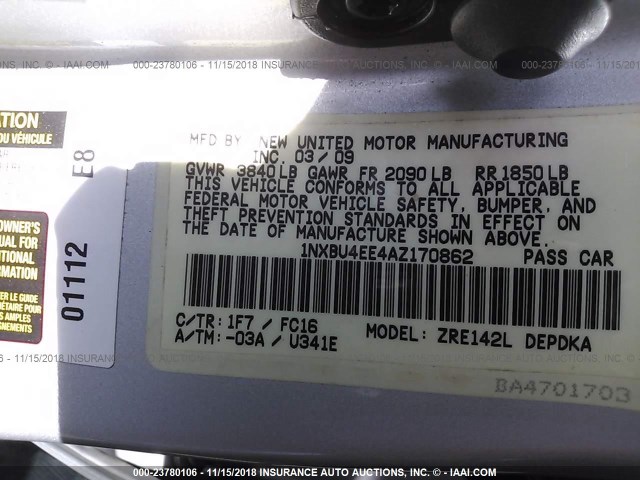 1NXBU4EE4AZ170862 - 2010 TOYOTA COROLLA S/LE/XLE SILVER photo 9