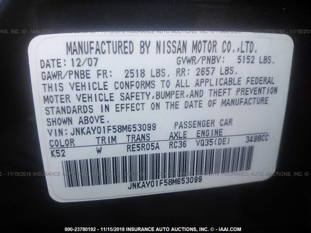 JNKAY01F58M653099 - 2008 INFINITI M35 SPORT GRAY photo 9