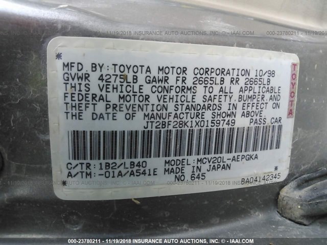 JT2BF28K1X0159749 - 1999 TOYOTA CAMRY LE/XLE 灰色 照片 9