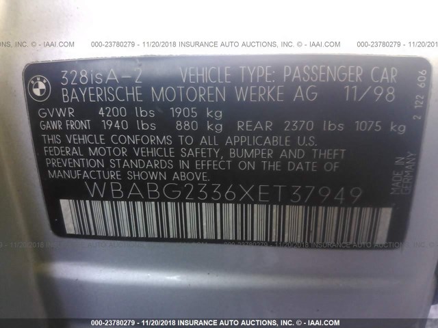 WBABG2336XET37949 - 1999 BMW 328 IS AUTOMATIC SILVER photo 9