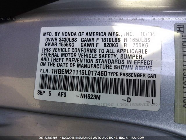 1HGEM21115L017460 - 2005 HONDA CIVIC DX VP SILVER photo 9