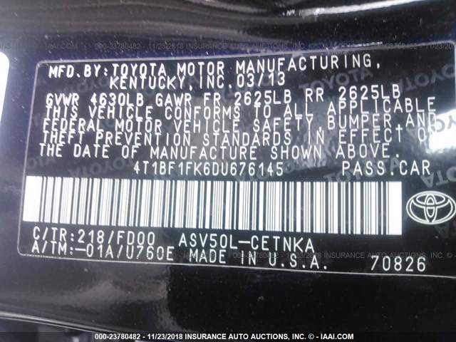 4T1BF1FK6DU676145 - 2013 TOYOTA CAMRY L/SE/LE/XLE 黑色 照片 9