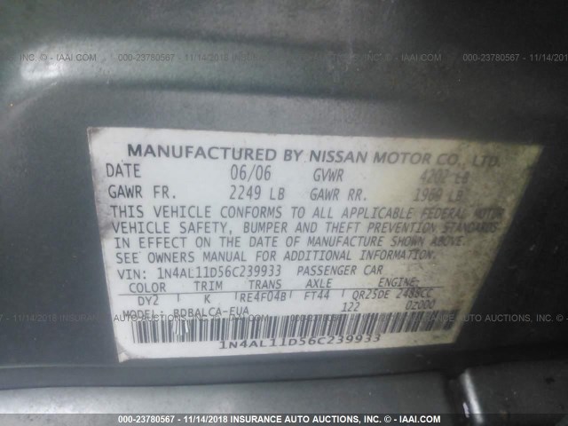 1N4AL11D56C239933 - 2006 NISSAN ALTIMA S/SL GRAY photo 9