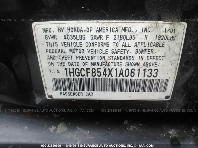 1HGCF854X1A061133 - 2001 HONDA ACCORD DX BLUE photo 9