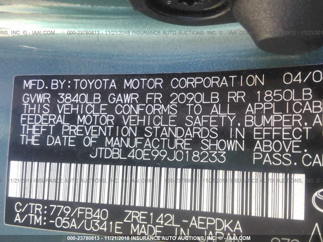 JTDBL40E99J018233 - 2009 TOYOTA COROLLA LE/XLE TEAL photo 9