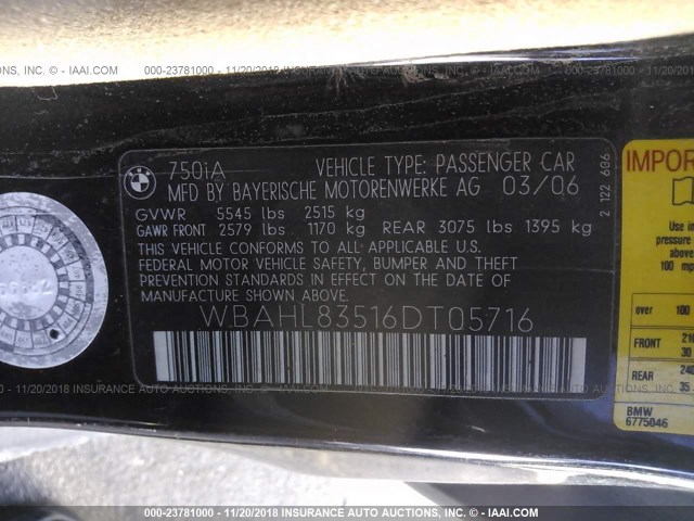 WBAHL83516DT05716 - 2006 BMW 750 I BLACK photo 9