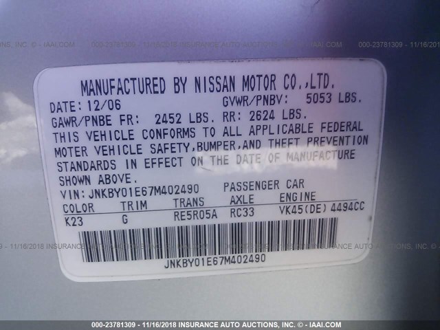 JNKBY01E67M402490 - 2007 INFINITI M45 SPORT SILVER photo 9