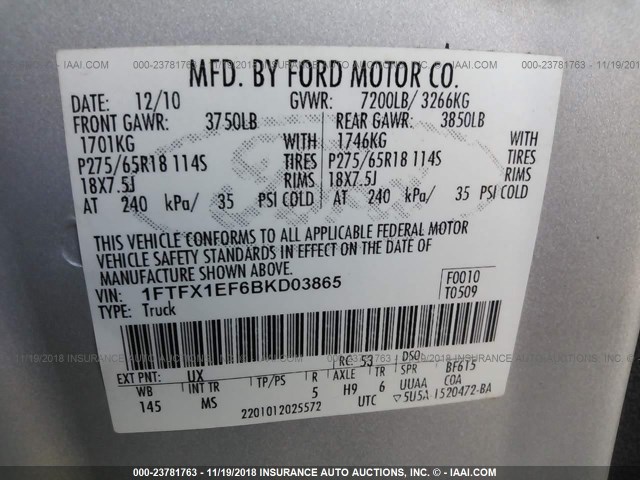 1FTFX1EF6BKD03865 - 2011 FORD F150 SUPER CAB SILVER photo 9