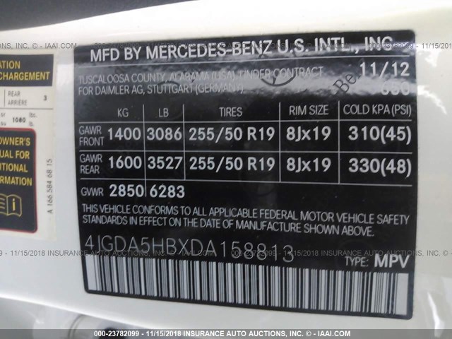 4JGDA5HBXDA158813 - 2013 MERCEDES-BENZ ML 350 4MATIC WHITE photo 9