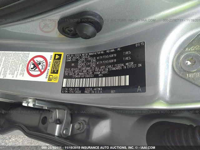 5TDKKRFHXFS066503 - 2015 TOYOTA HIGHLANDER XLE ვერცხლისფერი ფოტო 9