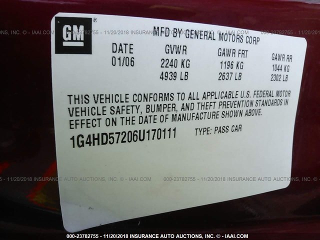 1G4HD57206U170111 - 2006 BUICK LUCERNE CXL RED photo 9