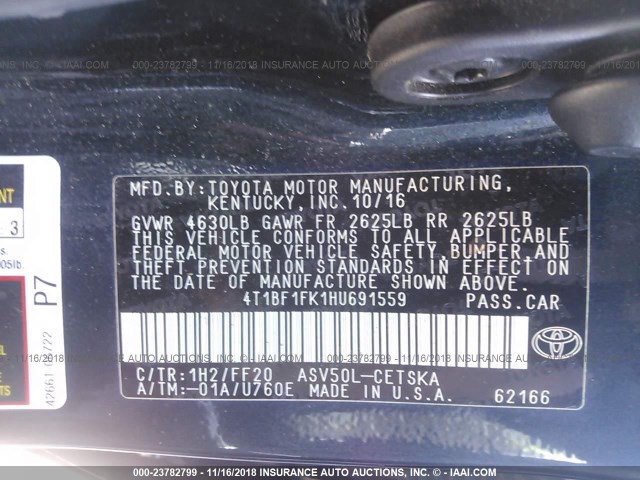 4T1BF1FK1HU691559 - 2017 TOYOTA CAMRY LE/XLE/SE/XSE Dark Blue photo 9