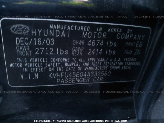 KMHFU45E04A332560 - 2004 HYUNDAI XG 350 BLACK photo 9