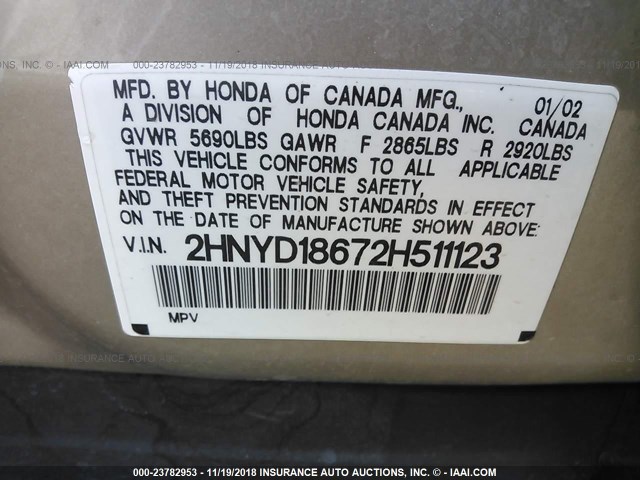 2HNYD18672H511123 - 2002 ACURA MDX TOURING GOLD photo 9