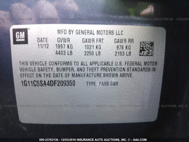 1G11C5SA4DF209350 - 2013 CHEVROLET MALIBU 1LT GRAY photo 9