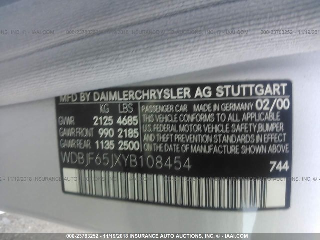 WDBJF65JXYB108454 - 2000 MERCEDES-BENZ E 320 SILVER photo 9