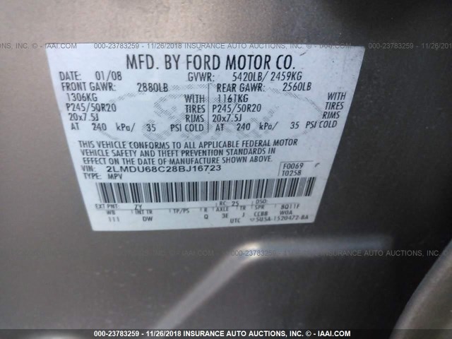 2LMDU68C28BJ16723 - 2008 LINCOLN MKX GRAY photo 9