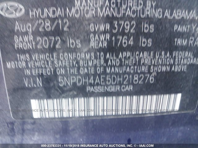 5NPDH4AE5DH218276 - 2013 HYUNDAI ELANTRA GLS/LIMITED BLUE photo 9