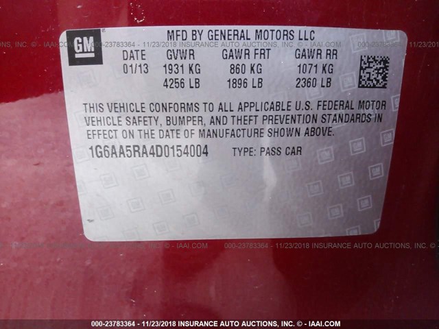 1G6AA5RA4D0154004 - 2013 CADILLAC ATS RED photo 9