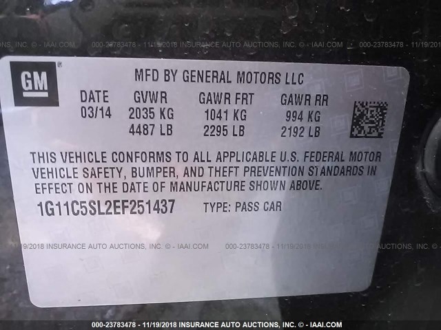 1G11C5SL2EF251437 - 2014 CHEVROLET MALIBU 1LT 黑色 照片 9