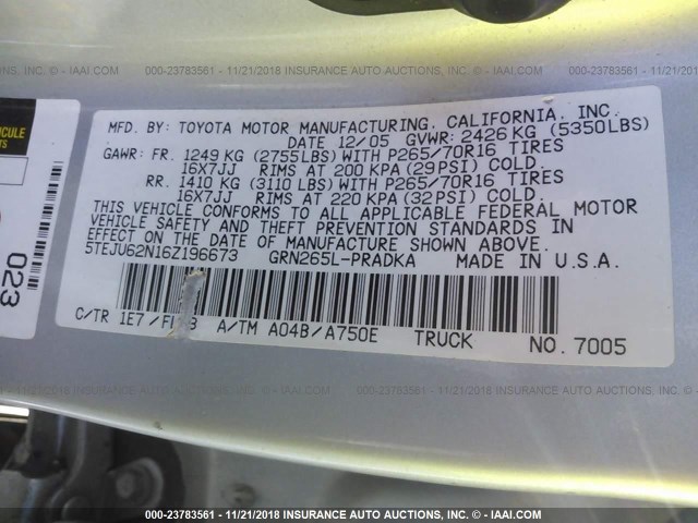 5TEJU62N16Z196673 - 2006 TOYOTA TACOMA DOUBLE CAB PRERUNNER SILVER photo 9