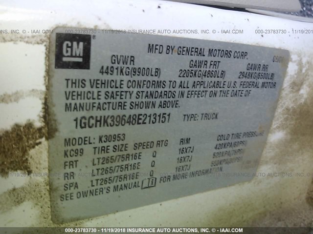 1GCHK39648E213151 - 2008 CHEVROLET SILVERADO K3500 WHITE photo 9