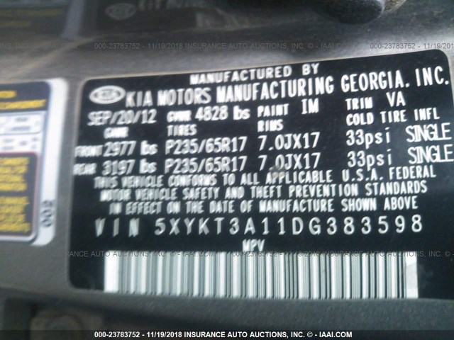 5XYKT3A11DG383598 - 2013 KIA SORENTO LX GRAY photo 9