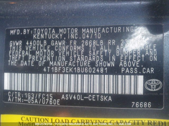 4T1BF3EK1BU602481 - 2011 TOYOTA CAMRY SE/LE/XLE GRAY photo 9