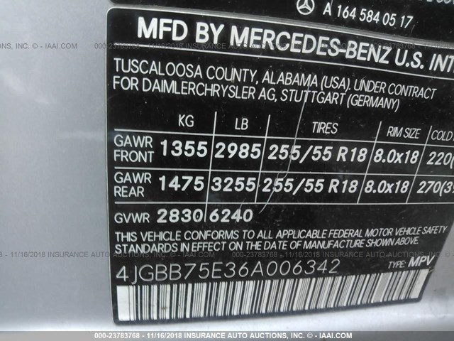 4JGBB75E36A006342 - 2006 MERCEDES-BENZ ML 500 SILVER photo 9