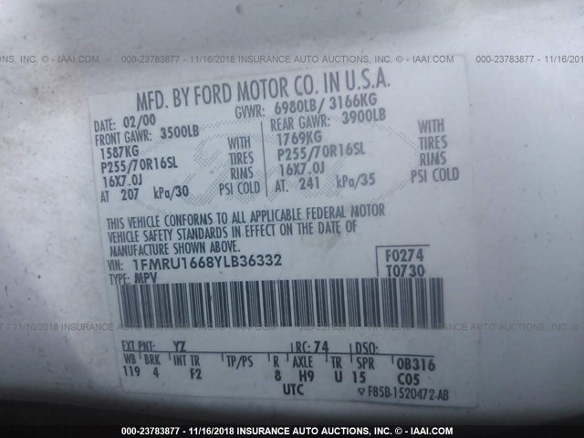 1FMRU1668YLB36332 - 2000 FORD EXPEDITION XLT WHITE photo 9