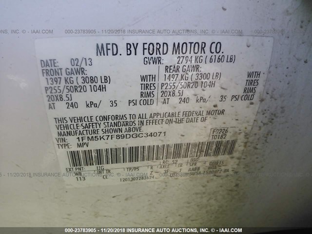 1FM5K7F89DGC34071 - 2013 FORD EXPLORER LIMITED WHITE photo 9