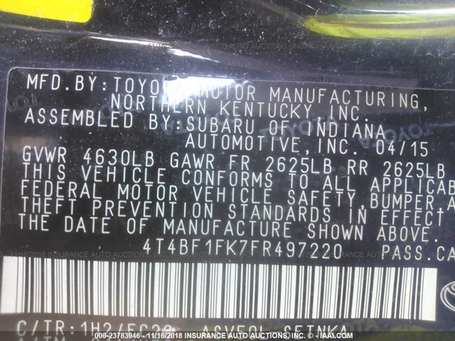 4T4BF1FK7FR497220 - 2015 TOYOTA CAMRY LE/XLE/SE/XSE BLUE photo 9