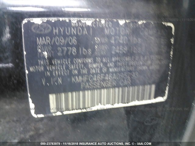 KMHFC46F46A095293 - 2006 HYUNDAI AZERA SE/LIMITED BLACK photo 9