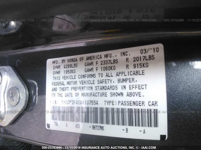 1HGCP2F41AA107554 - 2010 HONDA ACCORD LXP GRAY photo 9