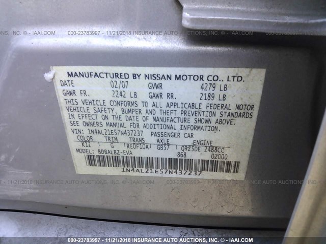 1N4AL21E57N437237 - 2007 NISSAN ALTIMA 2.5/2.5S SILVER photo 9