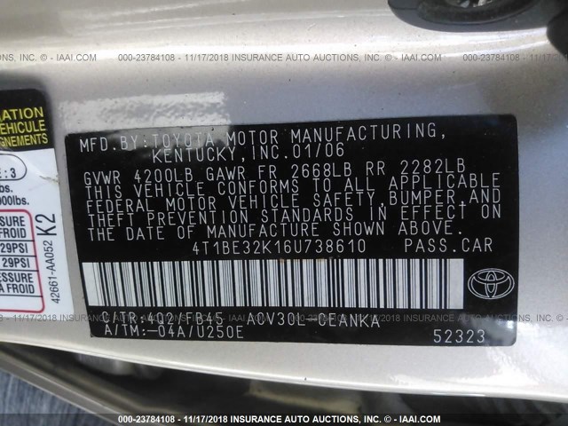 4T1BE32K16U738610 - 2006 TOYOTA CAMRY LE/XLE/SE BEIGE photo 9