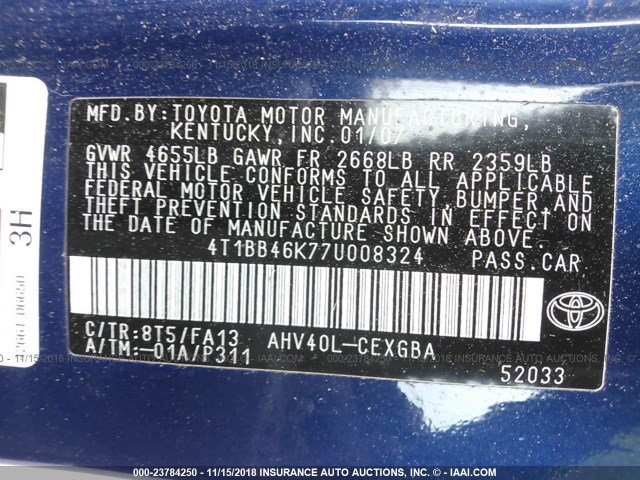 4T1BB46K77U008324 - 2007 TOYOTA CAMRY NEW GENERAT HYBRID BLUE photo 9