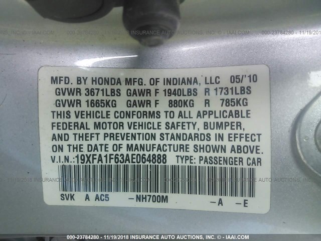 19XFA1F63AE064888 - 2010 HONDA CIVIC SILVER photo 9