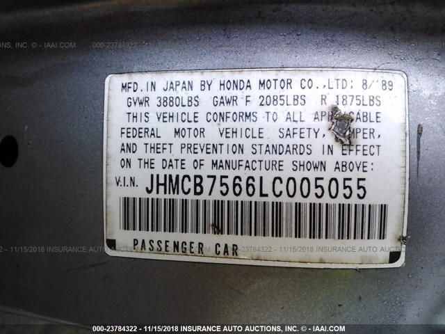 JHMCB7566LC005055 - 1990 HONDA ACCORD EX/EX-R GRAY photo 9