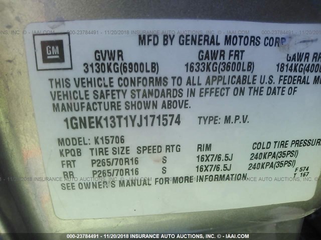 1GNEK13T1YJ171574 - 2000 CHEVROLET TAHOE K1500 GRAY photo 9