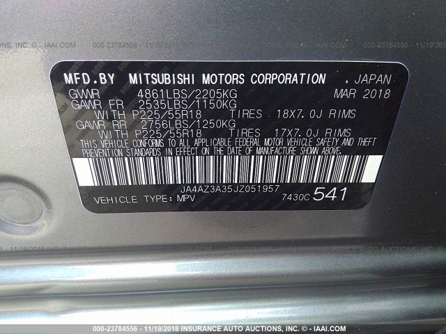 JA4AZ3A35JZ051957 - 2018 MITSUBISHI OUTLANDER SE/SEL GRAY photo 9