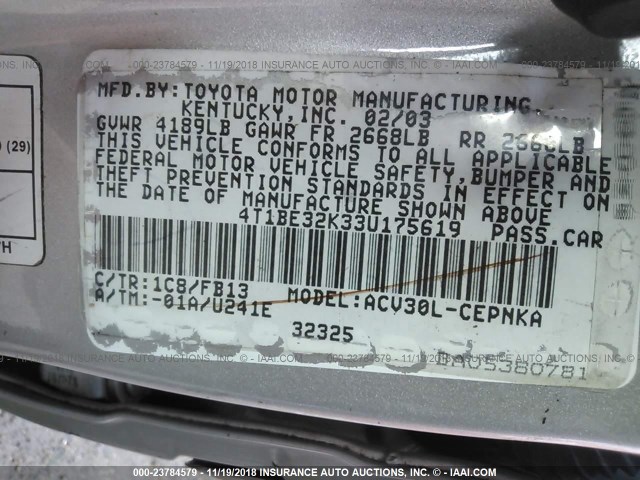 4T1BE32K33U175619 - 2003 TOYOTA CAMRY LE/XLE/SE SILVER photo 9