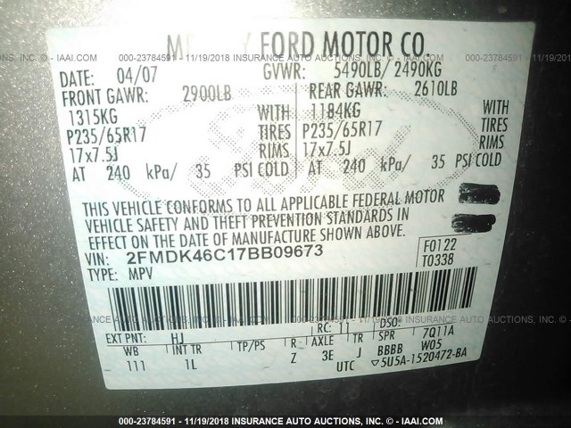 2FMDK46C17BB09673 - 2007 FORD EDGE SE GRAY photo 9