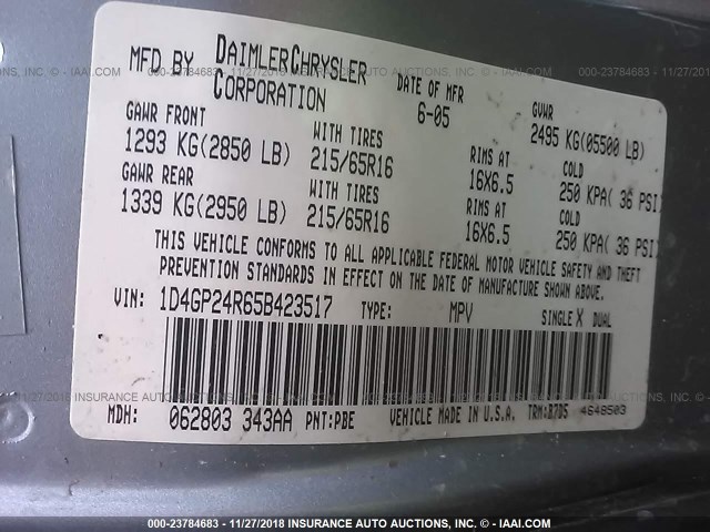 1D4GP24R65B423517 - 2005 DODGE GRAND CARAVAN SE BLUE photo 9