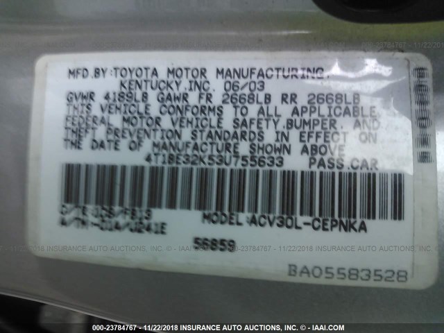 4T1BE32K53U755633 - 2003 TOYOTA CAMRY LE/XLE/SE SILVER photo 9